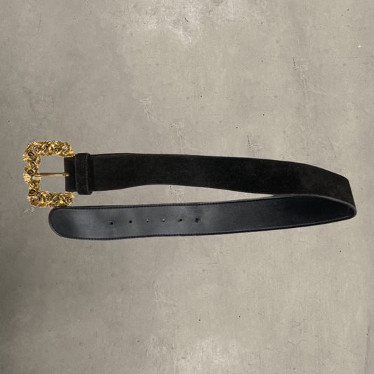 Chunky Leather Belt W/ Gold Rose Buckle