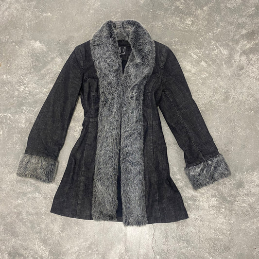 Black Denim Fur Trim Long Jacket