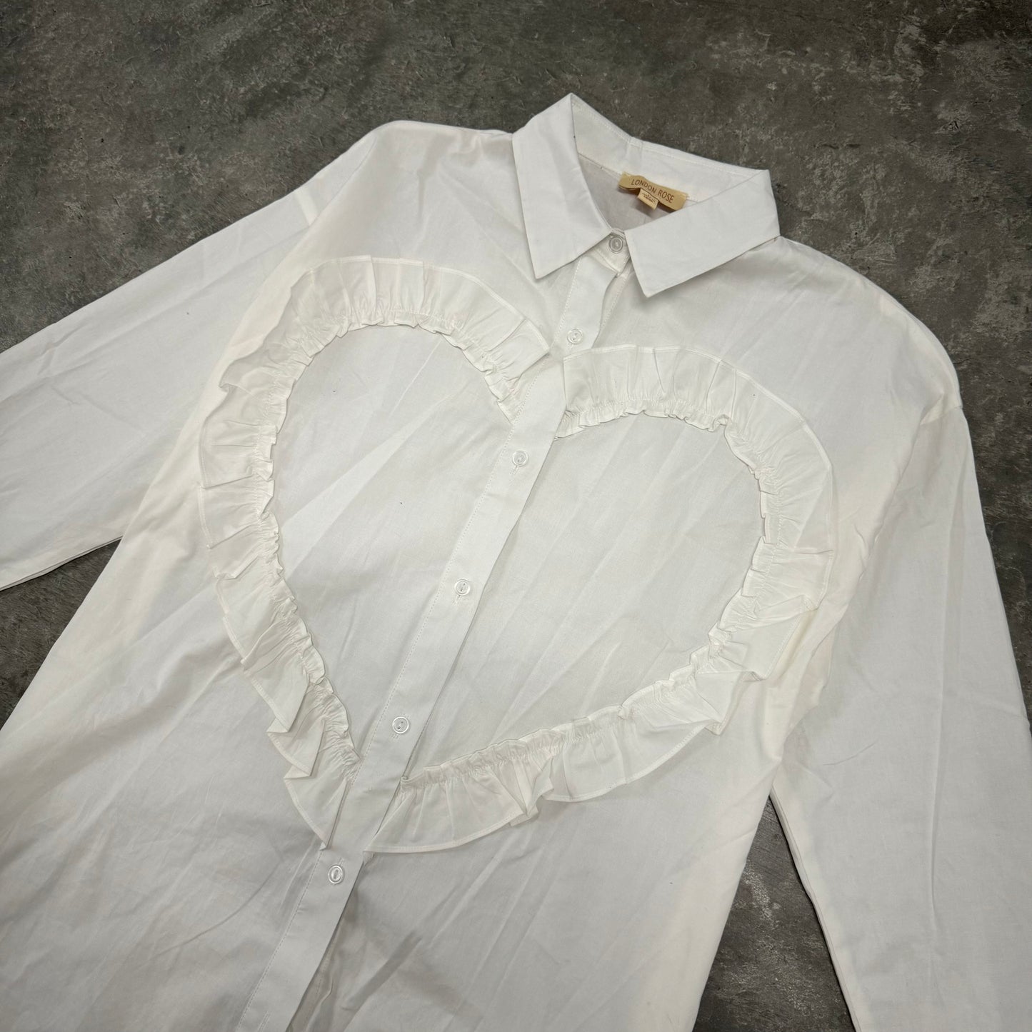 White Heart Ruffled Button Up