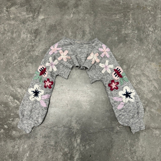 Grey Floral Knit Cropped Sweater