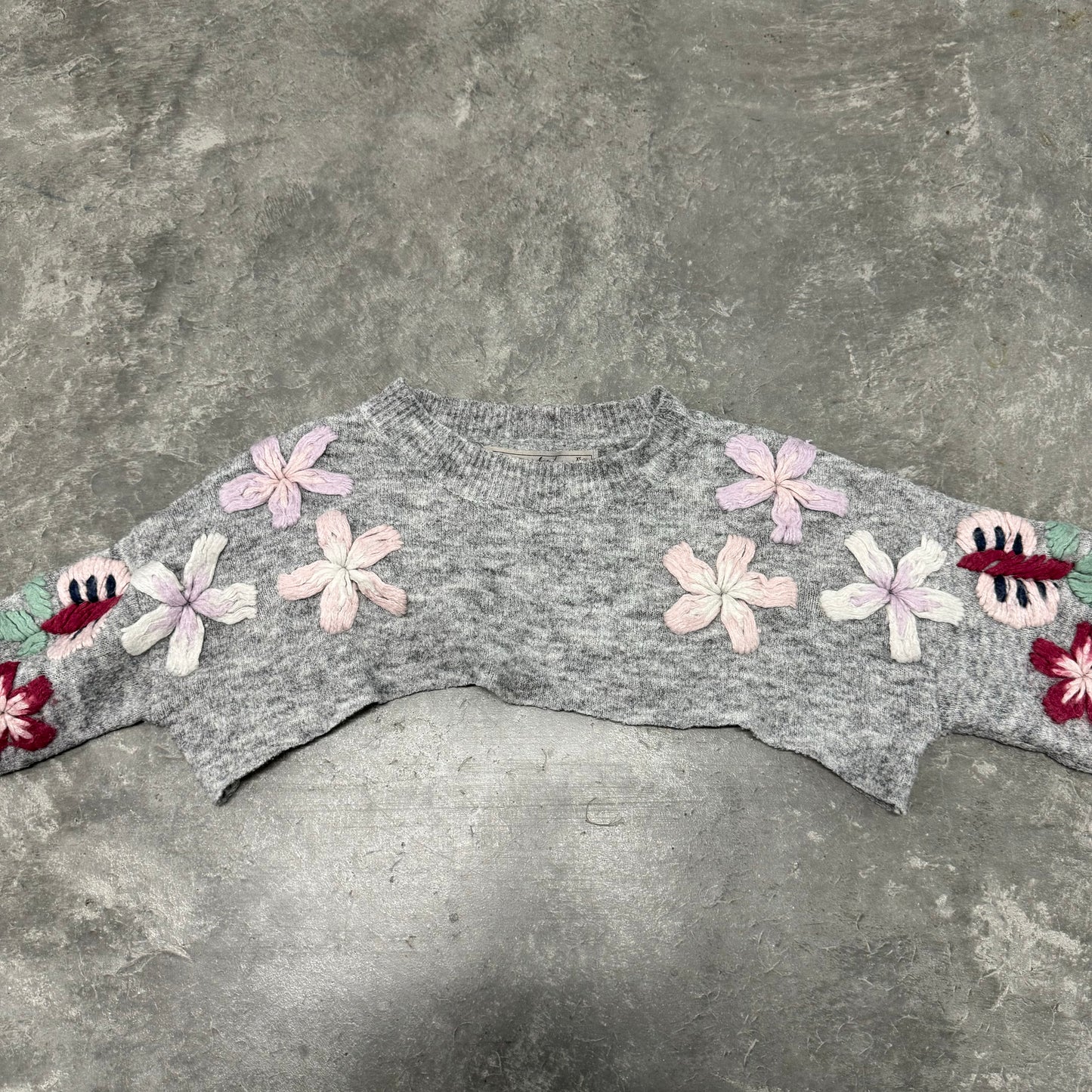 Grey Floral Knit Cropped Sweater
