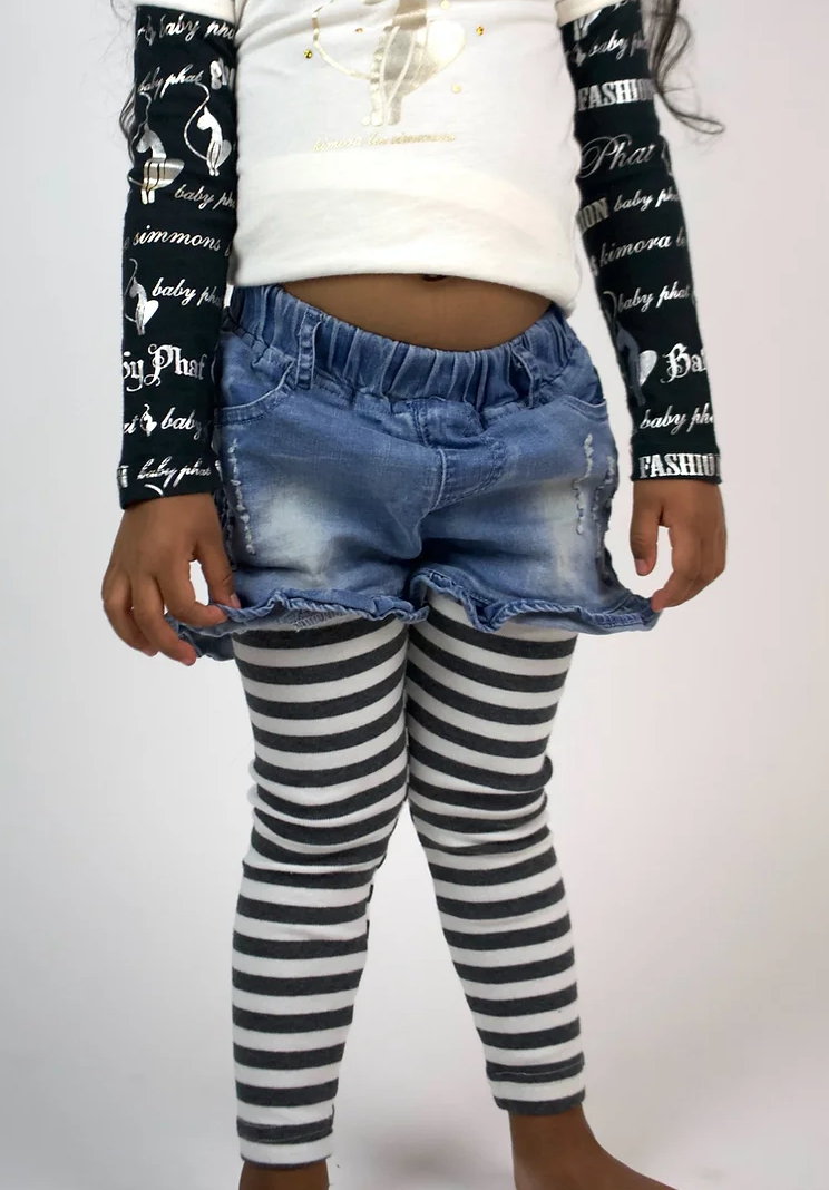 Jean Shorts W/ Attached Stripped Leggings 2T