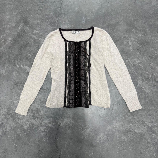 Lace-Up Corset Style Knit Top – Cream & Black